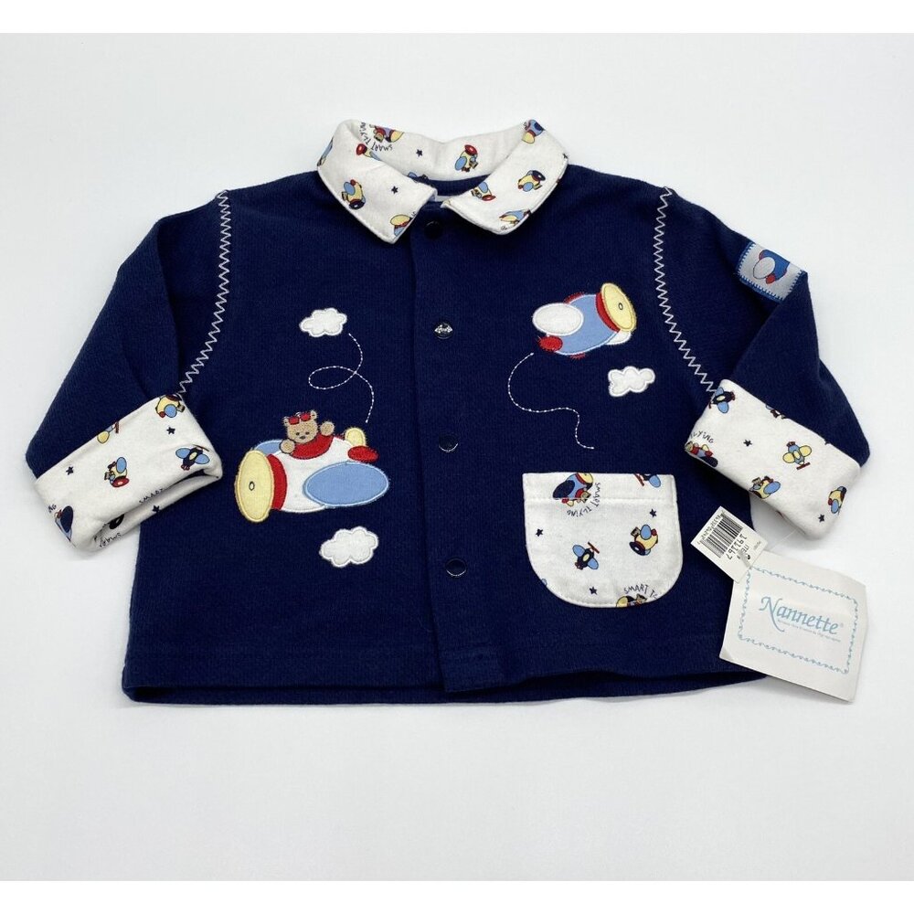 Nanette Baby Boys 9m Teddy Bear Airplane Button Down Shirt Cotton New NWT